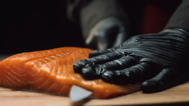 gloved hands cutting thick salmon steak with kitchen knife