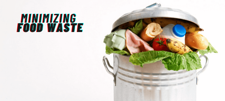 Minimizing food waste text on top of a garbage can full of food