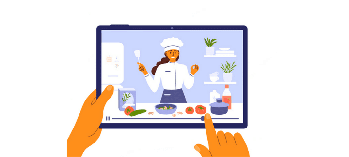 Cartoon person holding a tablet watching a food handlers video